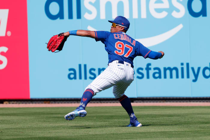 Feb 26, 2023; Port St. Lucie, Florida, USA; New York Mets right fielder Lorenzo Cedrola (97) throws the ball into the infield during the fifth inning against the Washington Nationals at Clover Park. Mandatory Credit: Reinhold Matay-USA TODAY Sports